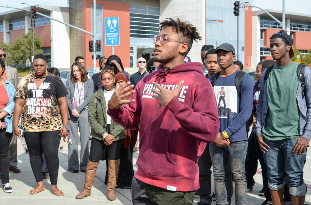 A student speaks during the Rosa Parks celebration at Mesa College in 2017.