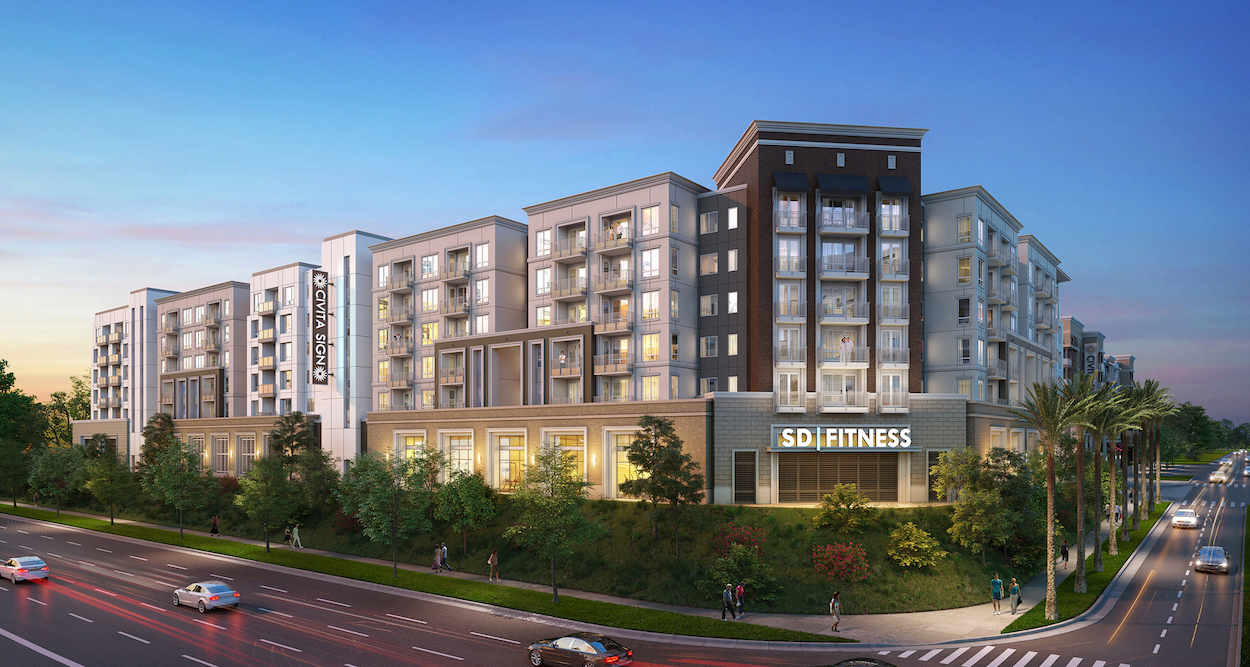 A rendering of the mixed-use development in Civita that will feature 103 affordable apartments for seniors and 203 affordable apartments for families, as well as 37,000 square feet of ground floor retail. (Rendering by KTGY)