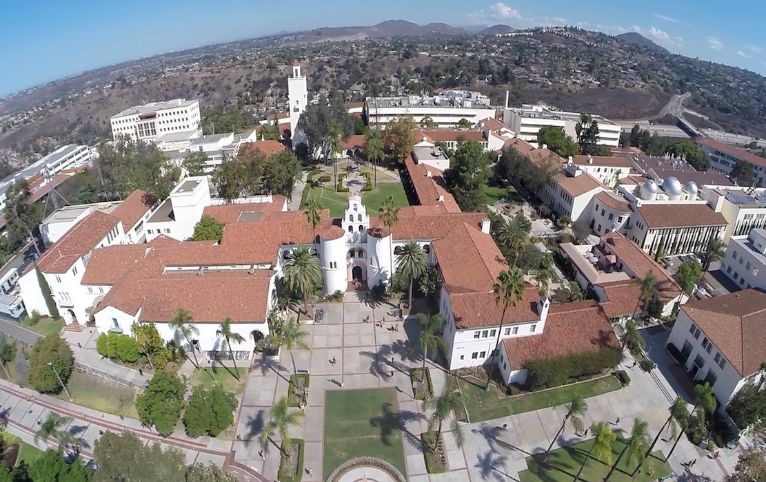 Aerial view of Hepner Hall at SDSU, shot by a drone (Credit: SDSU Media Relations)