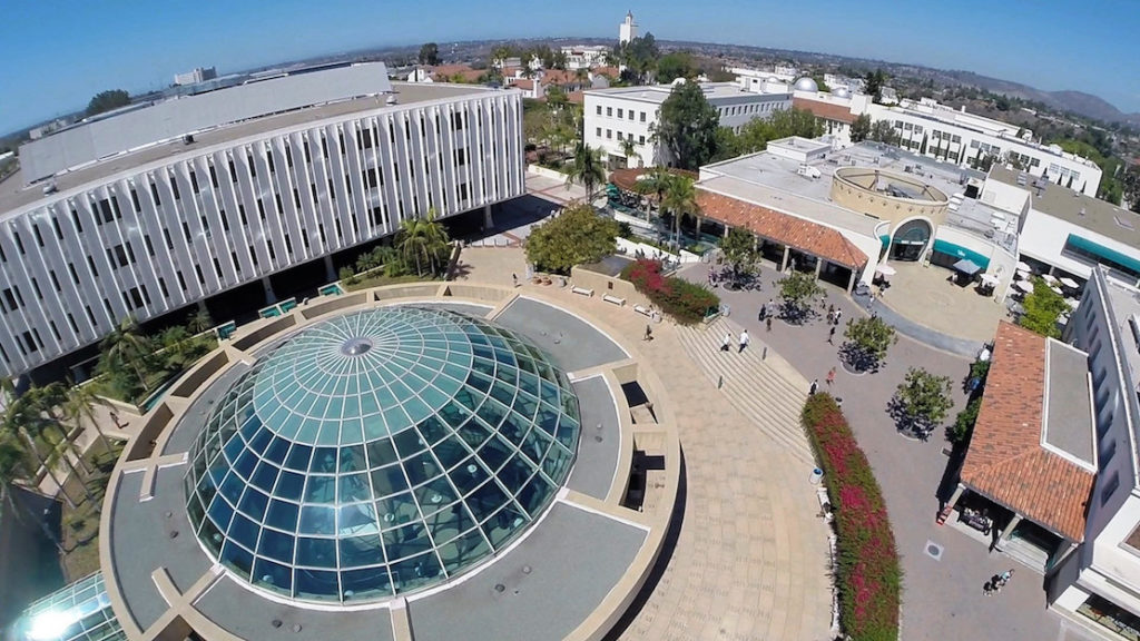 Drone's aerial shot of the SDSU Library (Credit: SDSU Media Relations)
