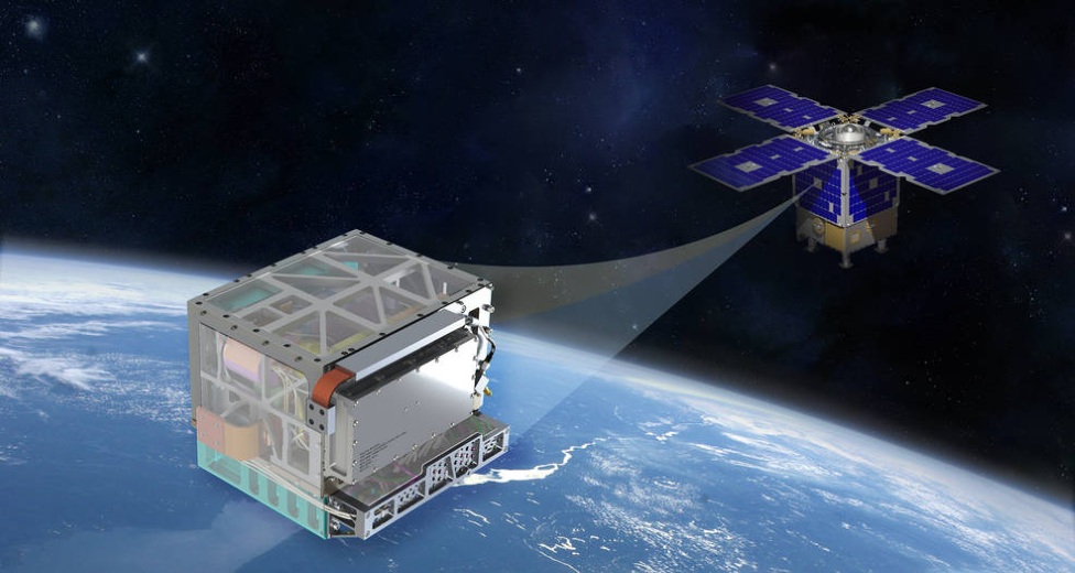 Rendering of the Deep Space Atomic Clock in the middle bay of the General Atomics Orbital Test Bed spacecraft. (Credit: NASA)