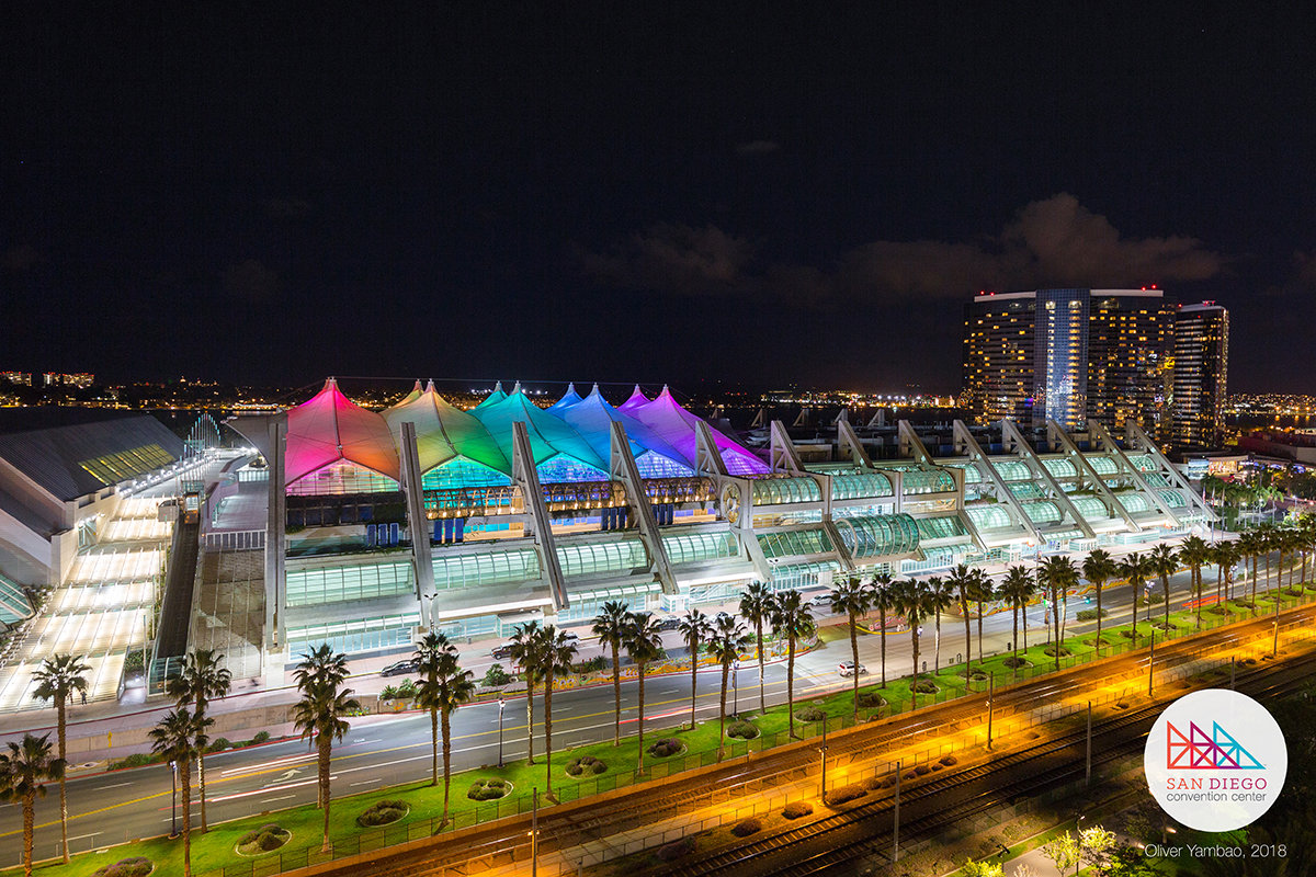 The lights change colors and are visible across the Downtown area