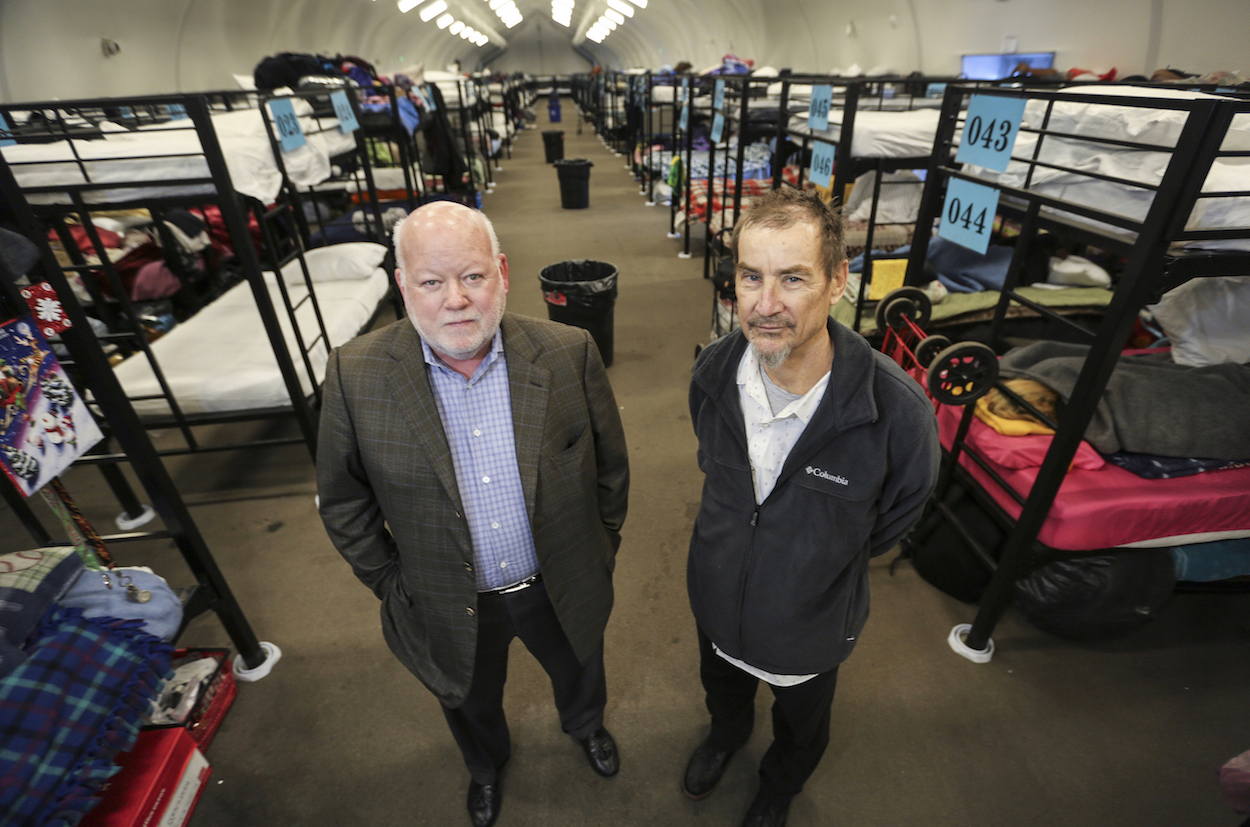 Two years ago, Peter Seidler, majority owner of the San Diego Padres (left), asked businessman Dan Shea, owner of Donovan’s steakhouse, to join him to help solve the humanitarian plight of the homeless in San Diego. (Photo by Brennan Scott)