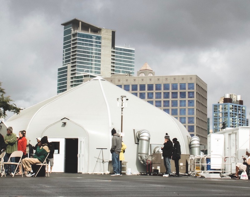 The three bridge shelters have brought the number of shelter beds in San Diego to 2,000, according to the mayor’s office. (Photo by Brennan Scott)