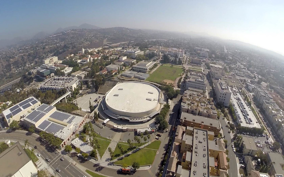 Drone's aerial shot of Viejas Arena at SDSU (Credit: SDSU Media Relations)