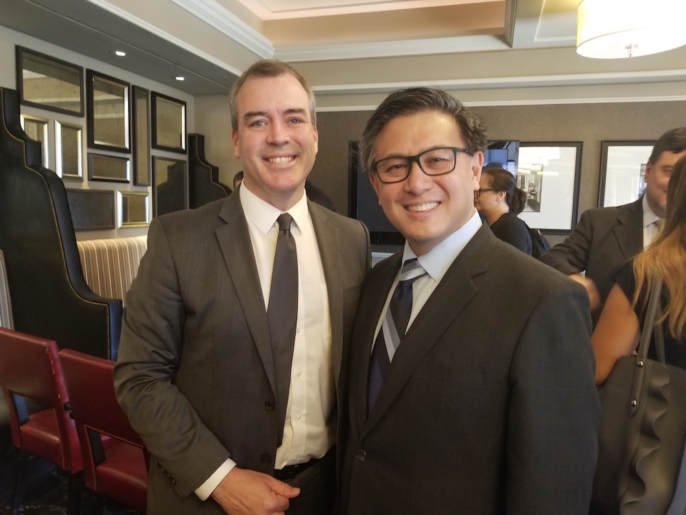 State Treasurer John Chiang, right, meets with Mark Cafferty, president and CEO of San Diego Regional Economic Development Corporation, at Wednesday’s introduction of the California Business Incentives Gateway. (Photo: John Wark, California State Treasurer’s Office)