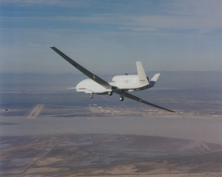 First flight of the Global Hawk aircraft on Feb. 28, 1998. The aircraft took off from Edwards Air Force Base for a 56-minute flight that reached an altitude of 32,000 feet. The aircraft landed safely and stopped itself on the runway, just six inches off the painted centerline. 