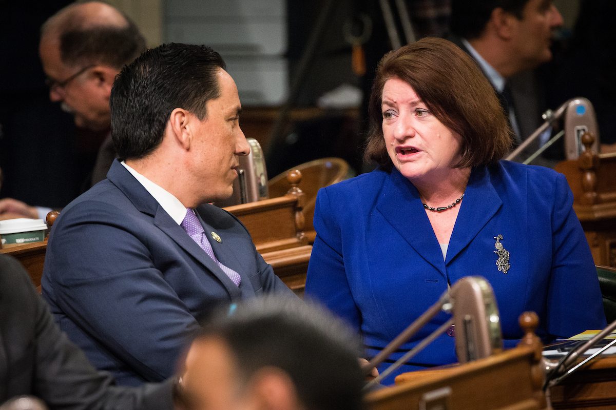 Sen. Toni Atkins, shown here with Assemblyman Todd Gloria, also of San Diego, takes over as President pro Tem of the state Senate on March 21. (Photo by Max Whittaker for CALmatters)