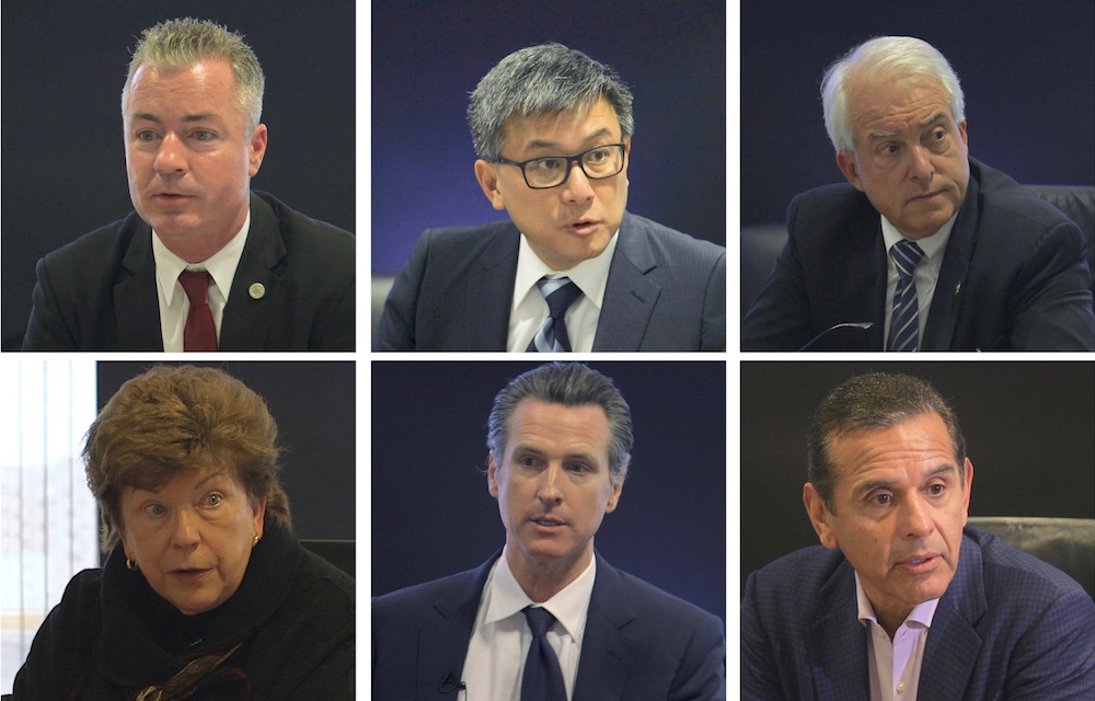 Candidates for California governor, from top left: Republican Travis Allen, Democrat John Chiang, Republican John Cox, Democrats Delaine Estin, Gavin Newsom and Antonio Villaraigosa. (Photos by CALmatters)