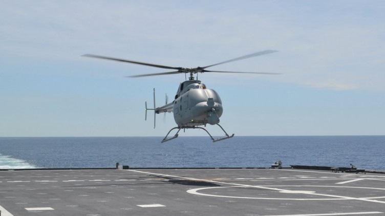 The MQ-8C Fire Scout unmanned helicopter conducts a first test flight from USS Montgomery off the coast of California. (Source: U.S. Navy)