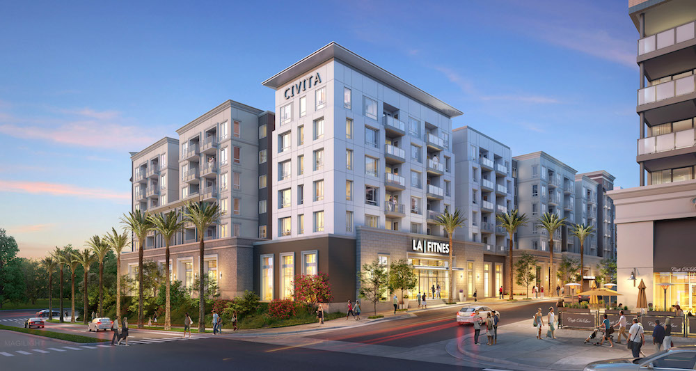 A total of 306 units will be built along Friars Road in the Civita master-planned community in Mission Valley. (Rendering courtesy of Chelsea Investment Corp.)