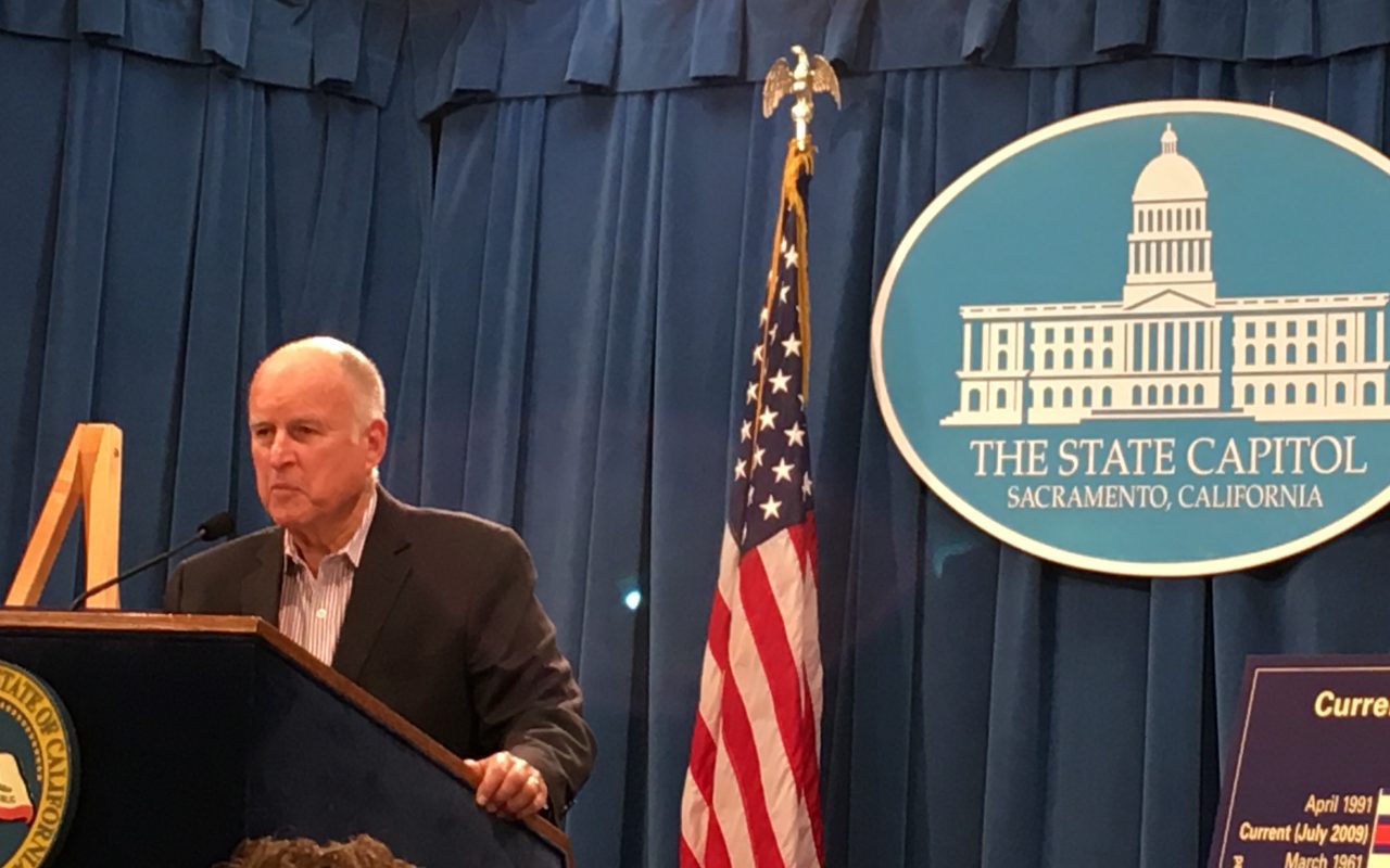 Gov. Jerry Brown explains his revised budget plan. (Photo by Antoinette Siu for CALmatters)