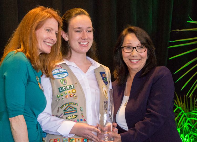 Jeannie Hilger (far right), vice president of Northrop Grumman’s communications business, is joined by Paige Zimmerman, an Emerging Leader Girl Scout and a junior at Escondido Charter High School, and Carol Dedrich (left), CEO of Girl Scouts San Diego.