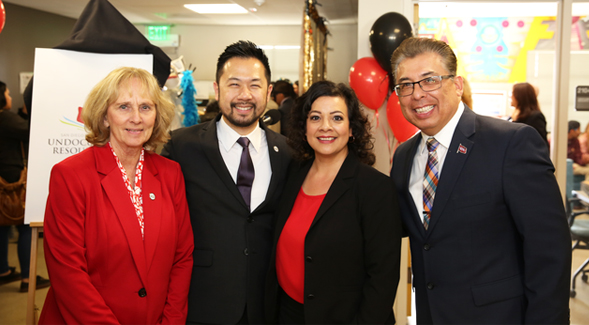 From left to right: SDSU President Sally Roush, Associate Vice President for Student Affairs Tony C. Chung, EOP Director Miriam C. Castañón and Vice President for Student Affairs Eric Rivera. (Photo courtesy of SDSU)