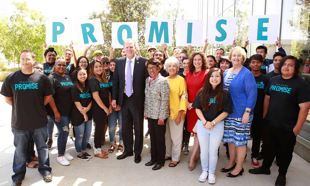 Attending a San Diego Promise press conference, from left, Mayor Kevin Faulconer, SDCCD Chancellor Constance M. Carroll, SDCCD Board President Maria Senour, SDUSD Superintendent Cindy Marten, and San Diego Mesa College President Pamela Luster, joined by San Diego Promise students.