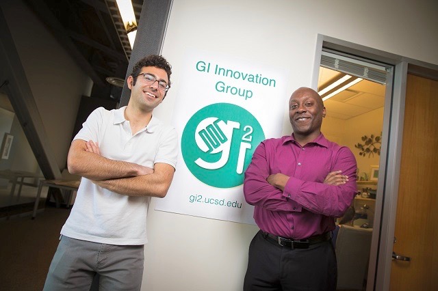 Armen Gharibens (at left) and Todd Coleman, professor of bioengineering, received their award from both AIM and IGE. (Credit: UC San Diego)