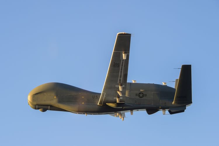 The Northrop Grumman EQ-4B Global Hawk autonomous aircraft on its first flight after being converted to carry the Battlefield Airborne Communications Node (BACN) on February 16, 2018. The successful first flight over Southern California led to the delivery of the aircraft to the U.S. Air Force. (Photo: Northrop Grumman)