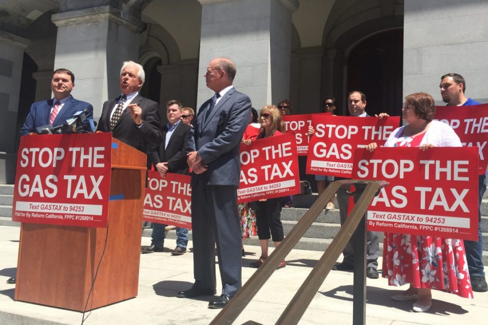 Campaigning at the Capitol for Prop. 6 to repeal the gas take hike: from left to right: Carl DeMaio, chairman of Reform California; John Cox, Republican candidate for governor; Jon Coupal, President of the Howard Jarvis Taxpayers Association. (CALmatters.org)
