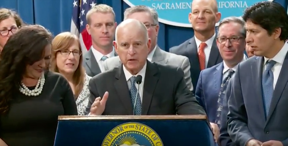 Gov. Jerry Brown at bill-signing ceremony. (Video image courtesy of the Governor’s Office)