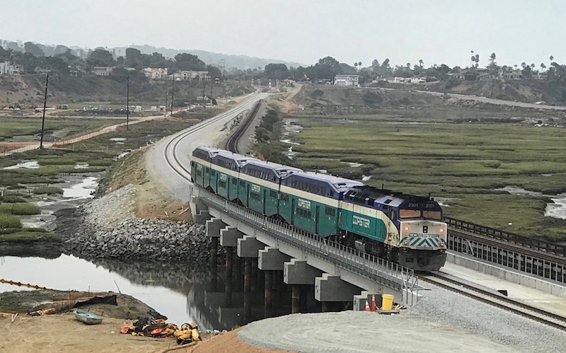 First passenger train crossed the newly-built rail bridge over the San Elijo Lagoon