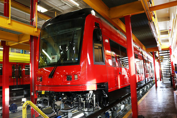 The first vehicle was delivered to MTS’ Downtown rail yard