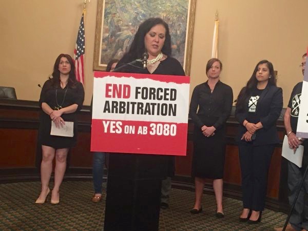 Assemblywoman Lorena Gonzalez Fletcher, D-San Diego, introduces a bill to prohibit mandatory arbitration. (Photo by Dan Morain/CALmatters)
