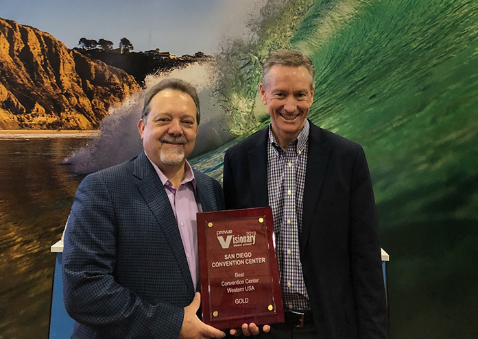 Clifford ‘Rip’ Rippetoe, president and CEO of the San Diego Convention Center Corp., left, with Andy Mikschl, vice president of sales and services for the convention center.