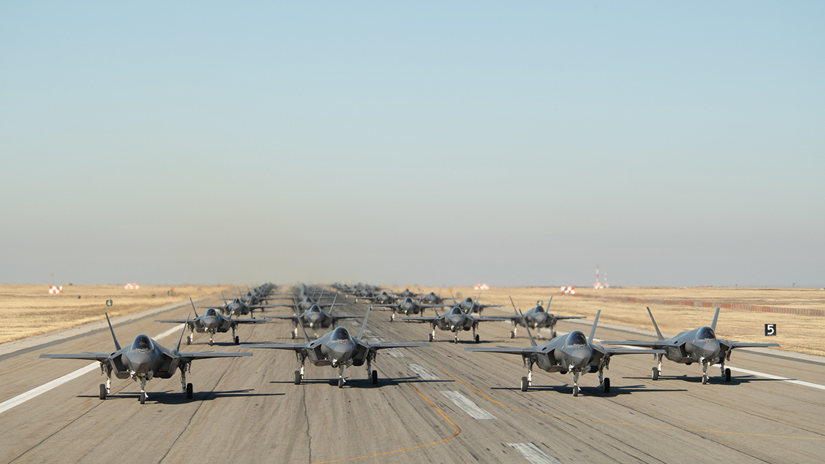 Pilots from the 388th and 419th Fighter Wings taxi F-35As on the runway in preparation for a combat power exercise Nov. 19, 2018, at Hill Air Force Base, Utah. During the exercise, the wings confirmed their ability to employ a large force of jets against air and ground targets, demonstrating the readiness and lethality of the F-35 Lightning II. As the first combat-ready F-35 units in the Air Force, the 388th and 419th FWs are ready to deploy anywhere in the world at a moment’s notice. (U.S. Air Force photo by Cynthia Griggs)