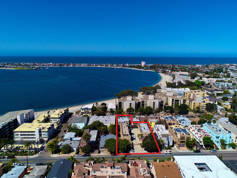 Red border outlines the five-building project in Pacific Beach. (Credit: DMJ Partners)