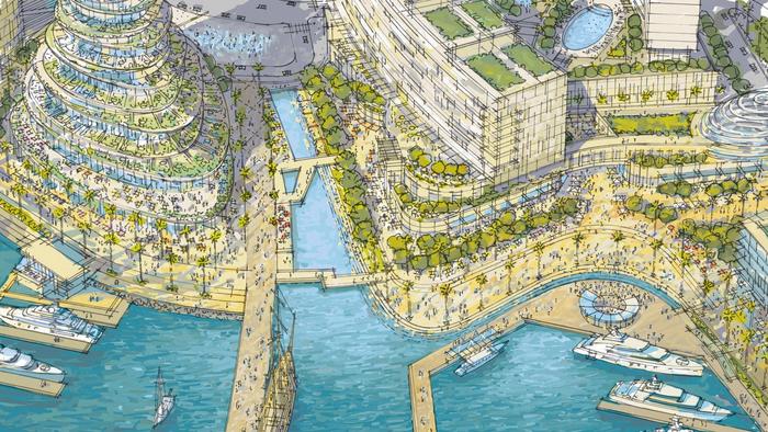An aerial view of Seaport San Diego’s proposed observation tower on the left, water cut in the center and village block to the right. (Courtesy/Seaport San Diego)