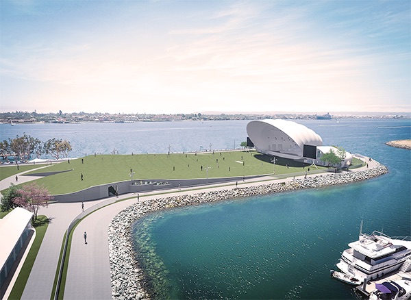 The San Diego Symphony proposes to construct a permanent outdoor performance and event venue in Embarcadero Marina Park South. (Conceptual rendering provided by Tucker Sadler.)