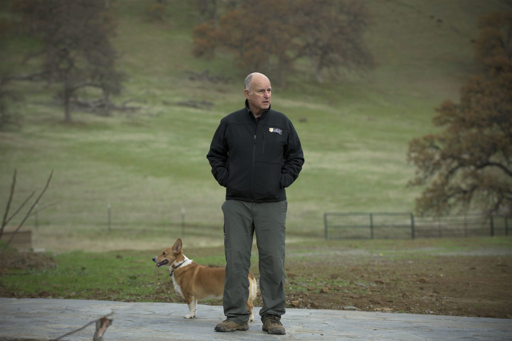Former Gov. Jerry Brown, who retired Jan. 7 to his ranch in Colusa County, has begun collecting his state pension. He is 80 years old. His dog is Colusa. (Photo: CALmatters)
