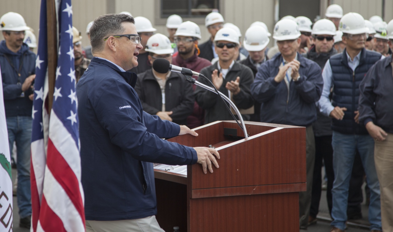 Kevin Graney, president of General Dynamics NASSCO, addresses a crowd of shipbuilders as the company commissioned a new panel line. (Photo courtesy of General Dynamics NASSCO)