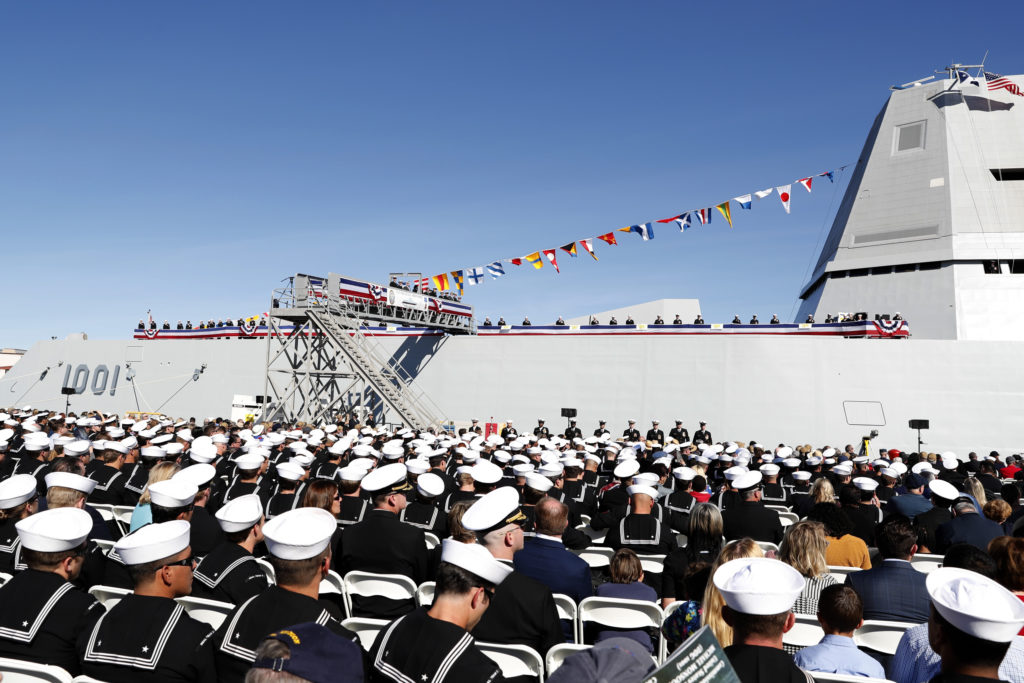 The crew of the Zumwalt-class guided-missile destroyer USS Michael Monsoor brings the ship to life during its commissioning ceremony Saturday. Michael Monsoor is the second Zumwalt-class destroyer to enter the fleet. It is the first Navy combat ship named for fallen Master-at-Arms 2nd Class (SEAL) Michael Monsoor, who was posthumously awarded the Medal of Honor for his heroic actions while serving in Ramadi, Iraq, in 2006 (U.S. Navy photo by Mass Communication Specialist 1st Class Peter Burghart) 