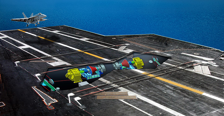 An artist’s conception of an installed Advanced Arresting Gear (AAG) on a U.S. carrier. (General Atomics Image)