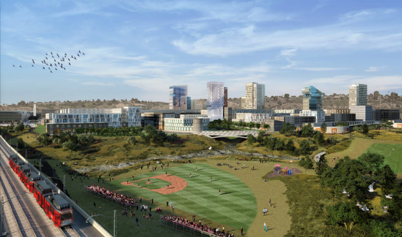 A conceptual rendering of SDSU West’s river park plan. (Image courtesy of SDSU)