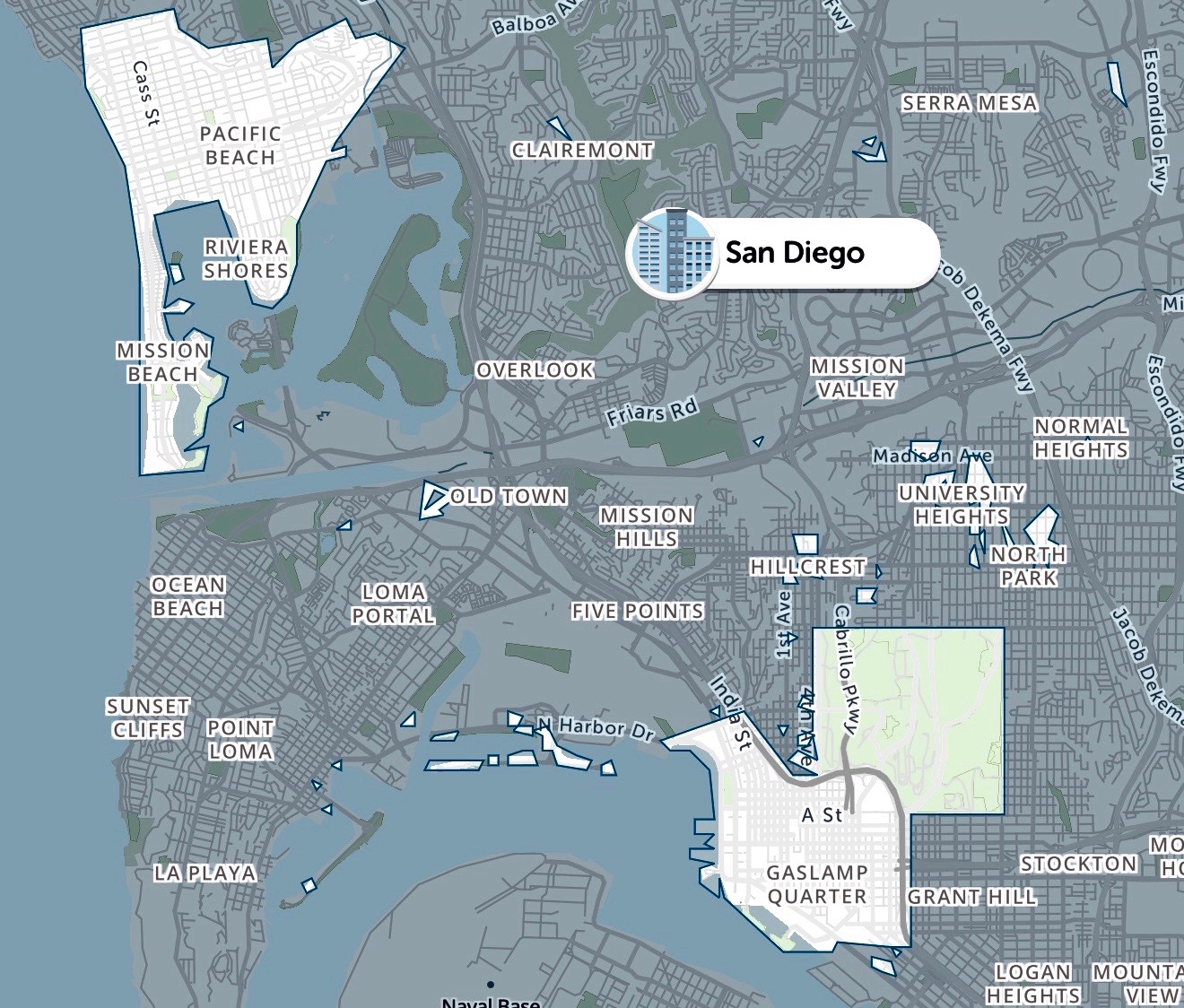 SpotAngels coverage area is shown in white on the map. Downtown San Diego, Balboa Park, Pacific Beach and Mission Beach are fully covered. The map is crowdsourced so as more people join and contribute, the coverage will grow like it did in San Francisco, New York City and many other cities, according to SpotAngels.