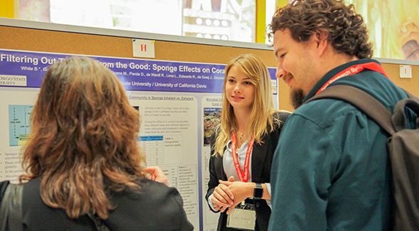 An SDSU student presents her work at last year’s Student Research Symposium. 