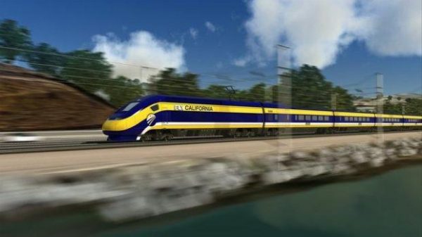 Was the governor on the train or off the train with high speed rail? (CALmatters image)