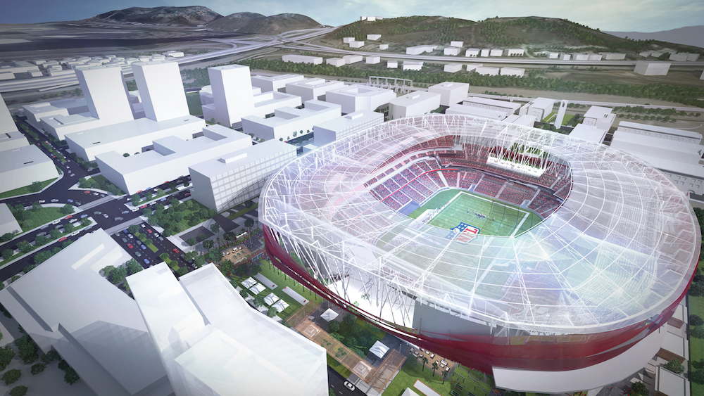A rendering of a SDSU multi-use stadium in Mission Valley that was created by Carrier Johnson + Culture architects. The firm was selected through a competitive process to serve as the site architect and master planning services for SDSU Mission Valley.