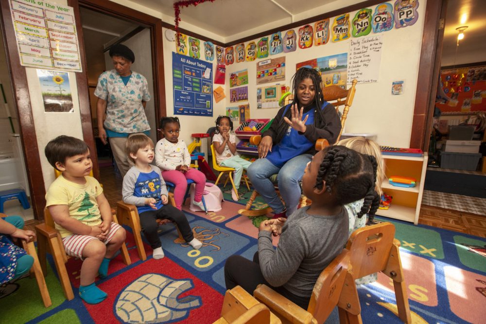 At Lil Nancy’s Primary Schoolhouse. At left are teachers Yolanda Wilson and Kyla Kinner. (Photo by Penni Gladstone for CALmatters)