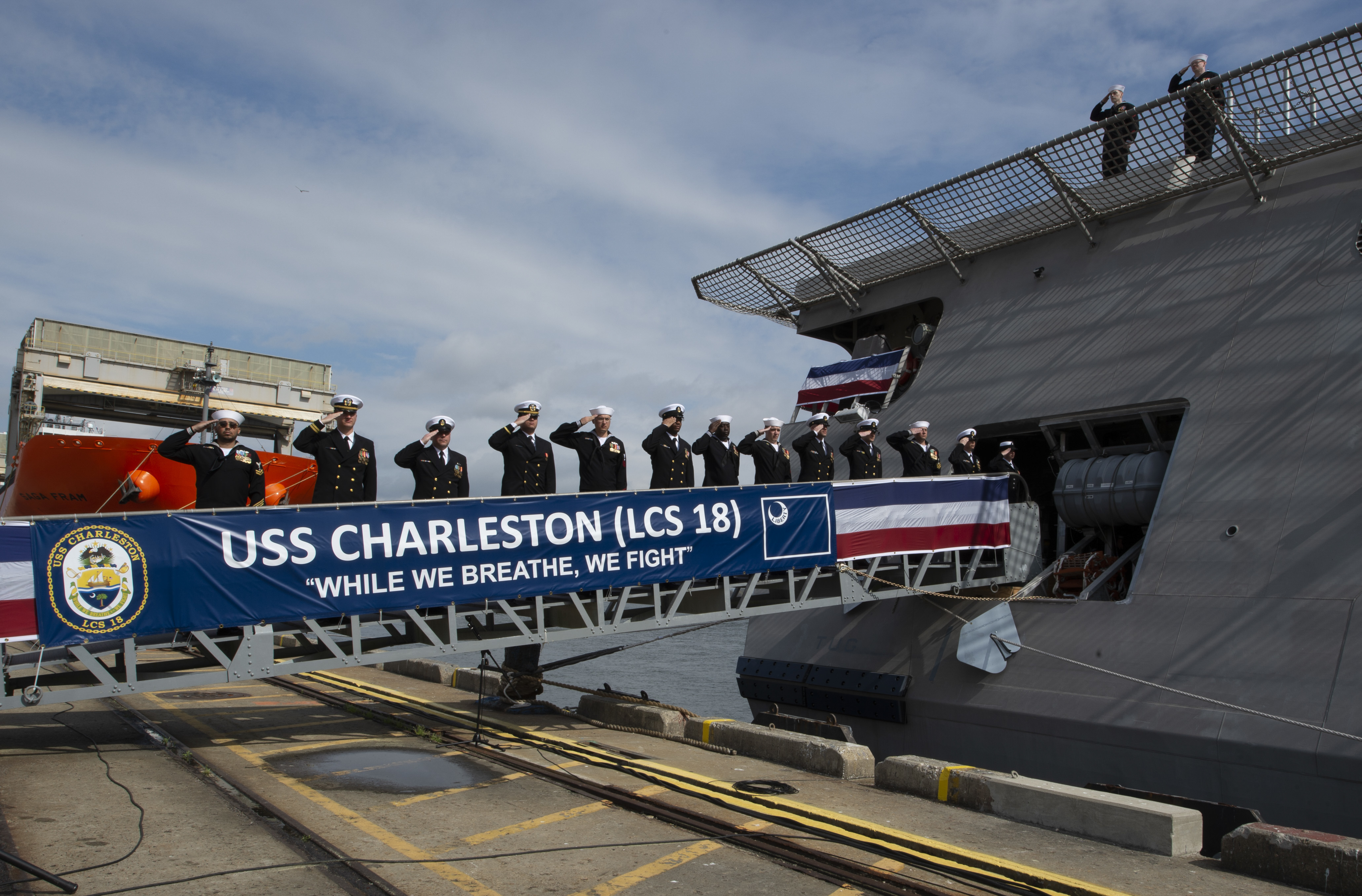  Commissioning of the USS Charleston The crew of the Navy’s newest littoral combat ship, USS Charleston, brings the ship to life during its commissioning ceremony on Saturday in Charleston, S.C. The Charleston is the 16th littoral combat ship to enter the fleet and the ninth of the Independence variant. The ship will transit to join Littoral Combat Ship Squadron 1 and 10 other littoral combat ships currently homeported at Naval Base San Diego. (U.S. Navy photo by Mass Communication Specialist 2nd Class Natalia Murillo/Released)