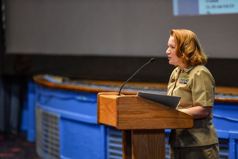Capt. Jan Ellinger, commanding officer of USS Lake Champlain, gives the keynote speech at the annual Women’s Waterfront Symposium. (U.S. Navy photo by Mass Communication Specialist 1st Class Jacob I. Allison)