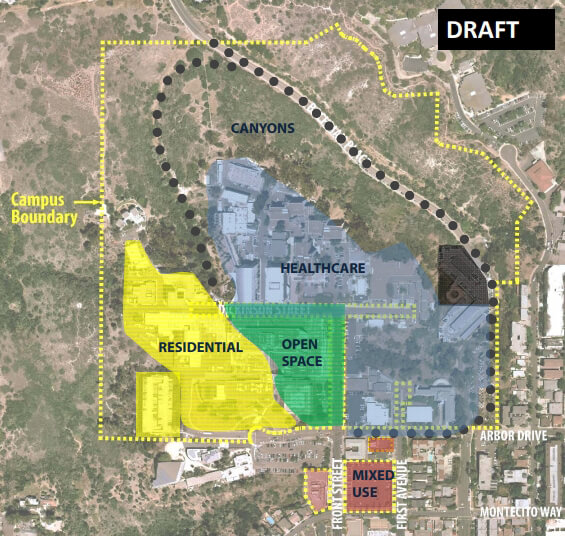 The proposed layout for the new Long Range Development Plan to replace the current UC San Diego Hillcrest Medical Campus