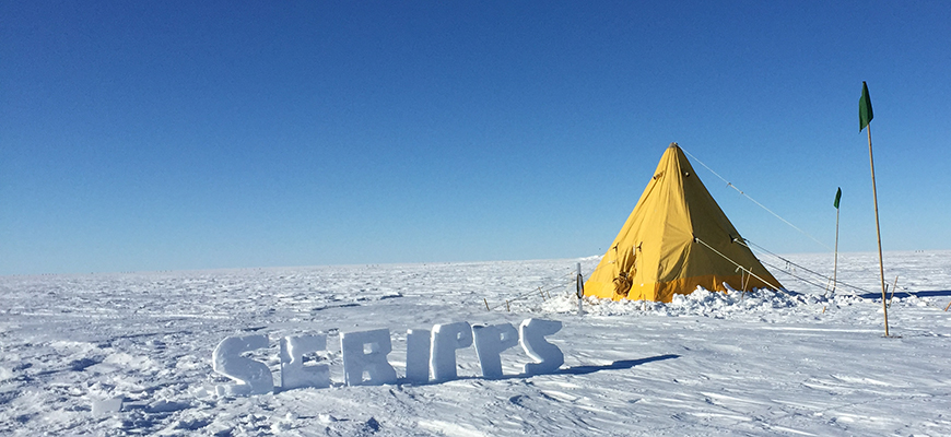 Scripps representing during recent fieldwork in West Antarctica. (Photo: Oliver Marsh and Matt Siegfried)