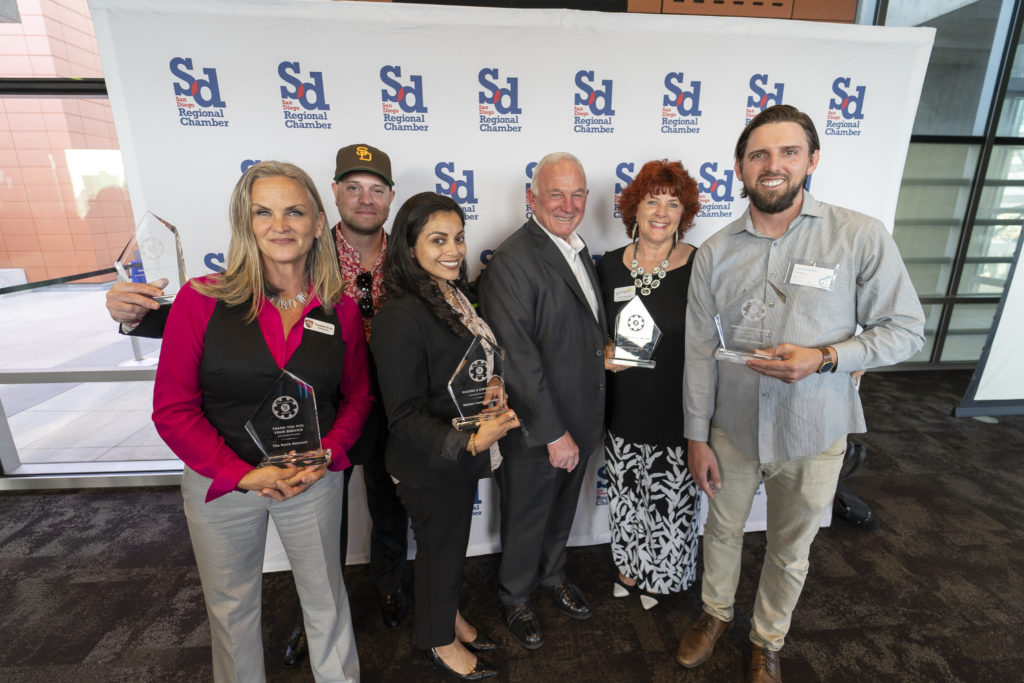 Chamber award winners,, from left: Stephanie Brown, The Rosie Network; Adam Moyer, Knockaround sunglasses; Melissa Villagomez, Walden Family Services; Jerry Sanders; Pam Meisner, The Water Conservation Garden; Collin Smith, The Cravory.