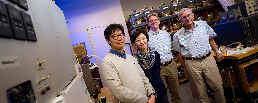 Lead author Sunyoung Park (second from left) and Scripps co-authors (l-r) Jooil Kim, Jens Mühle, Ray Weiss. (Photo: Erik Jepsen)