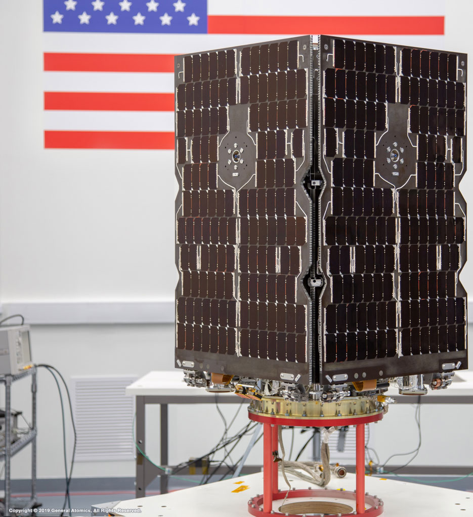 Orbital Test Bed (OTB) Satellite “Buttoned-up” for final preparation before shipment to Kennedy Space Center. (Photo courtesy of General Atomics)