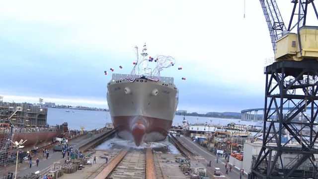 The ‘Lurline’ slides into San Diego Bay after the launch ceremony. (Courtesy of NASSCO)