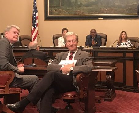 Assemblyman Mark Stone, left, and activist Tom Steyer (CALmatters photo)